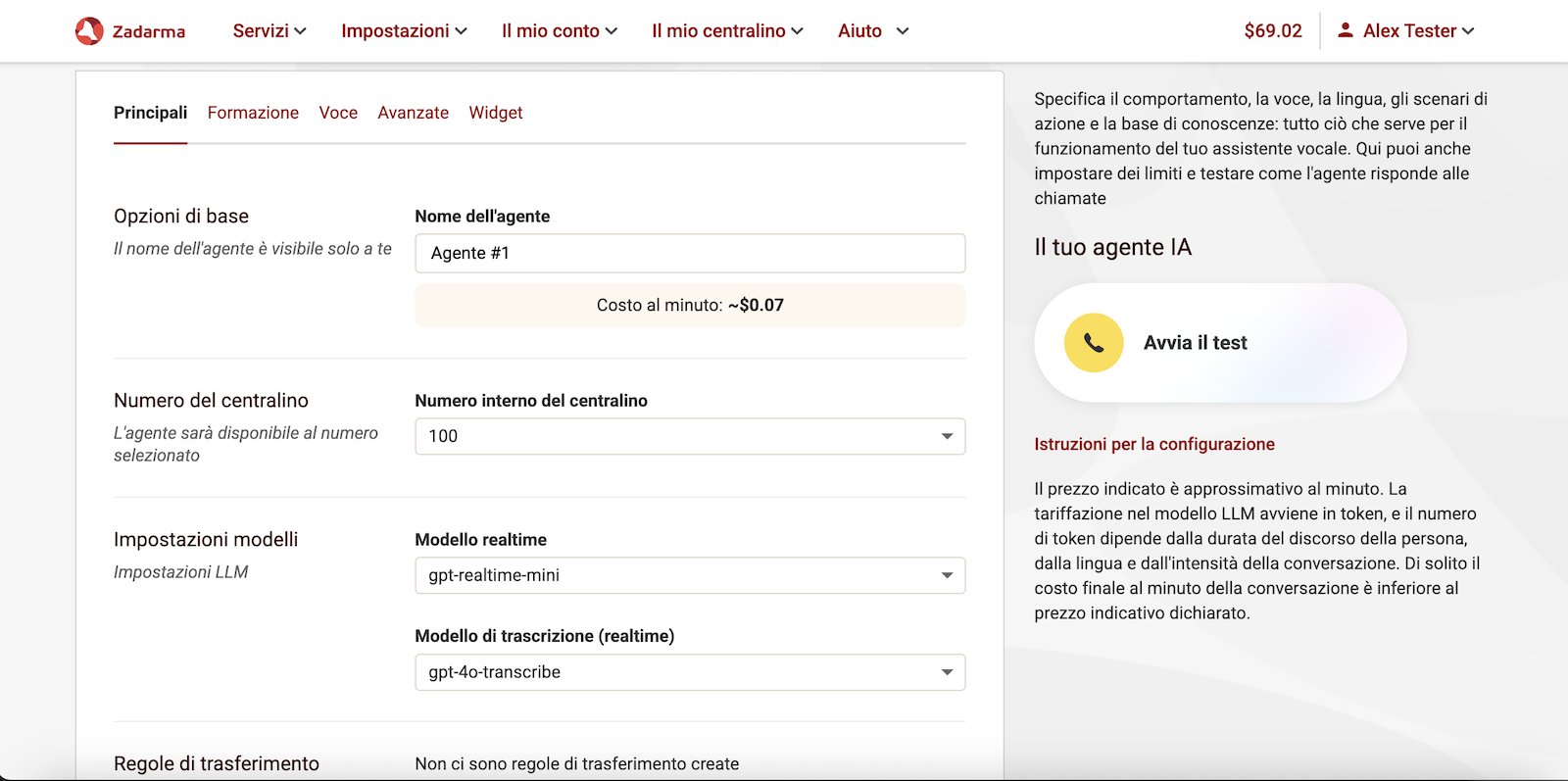 Impostazioni principali dell'agente IA