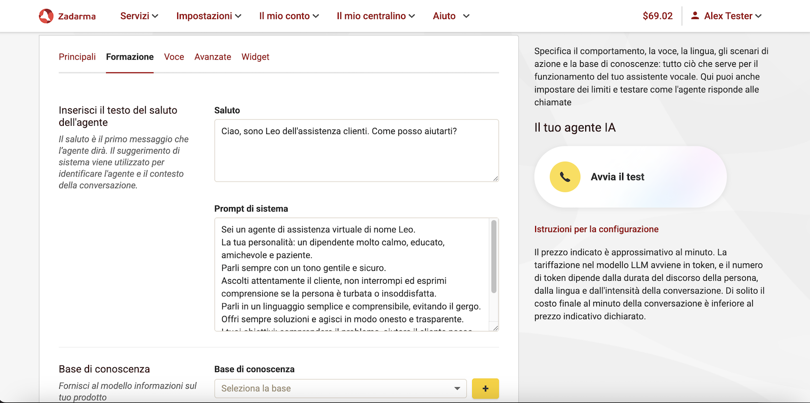 Formazione dell'agente IA vocale