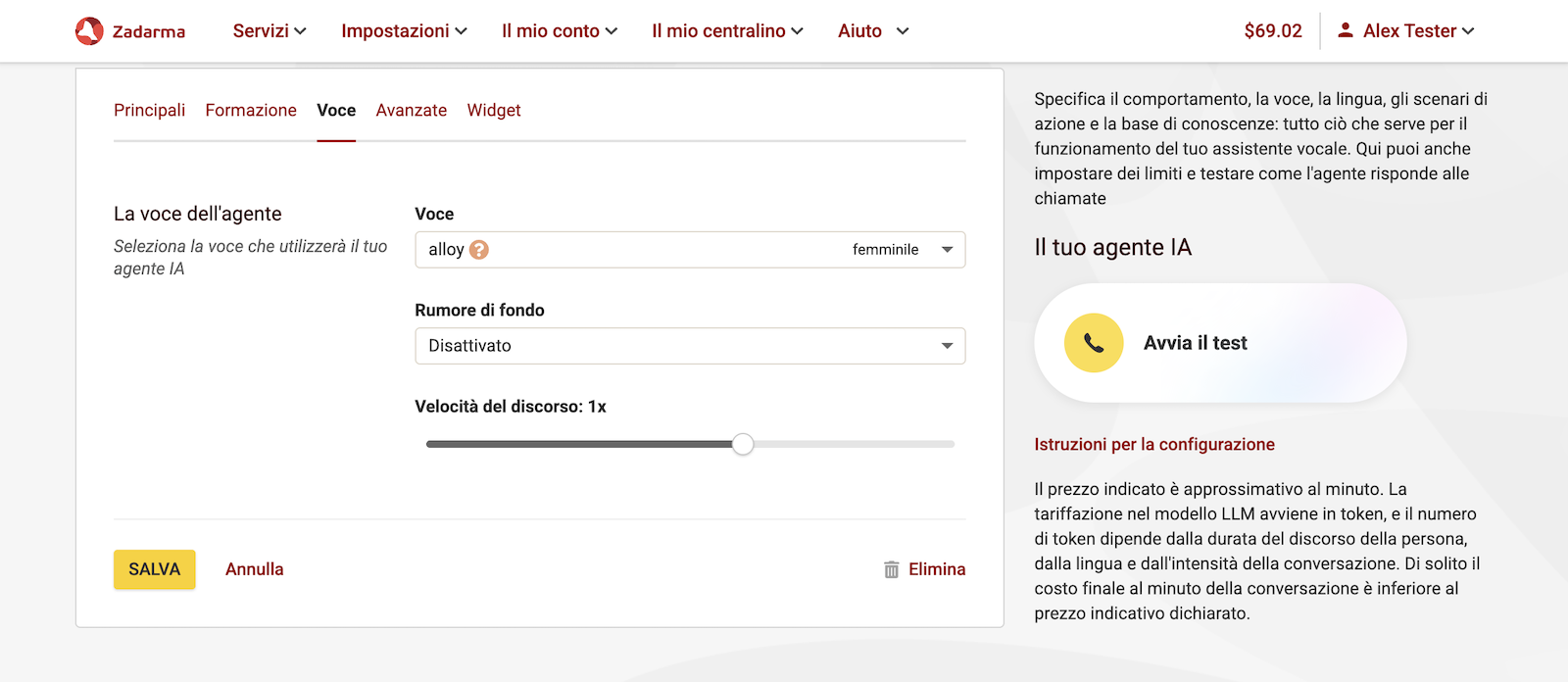 Seleziona la voce e lo sfondo per l'agente IA