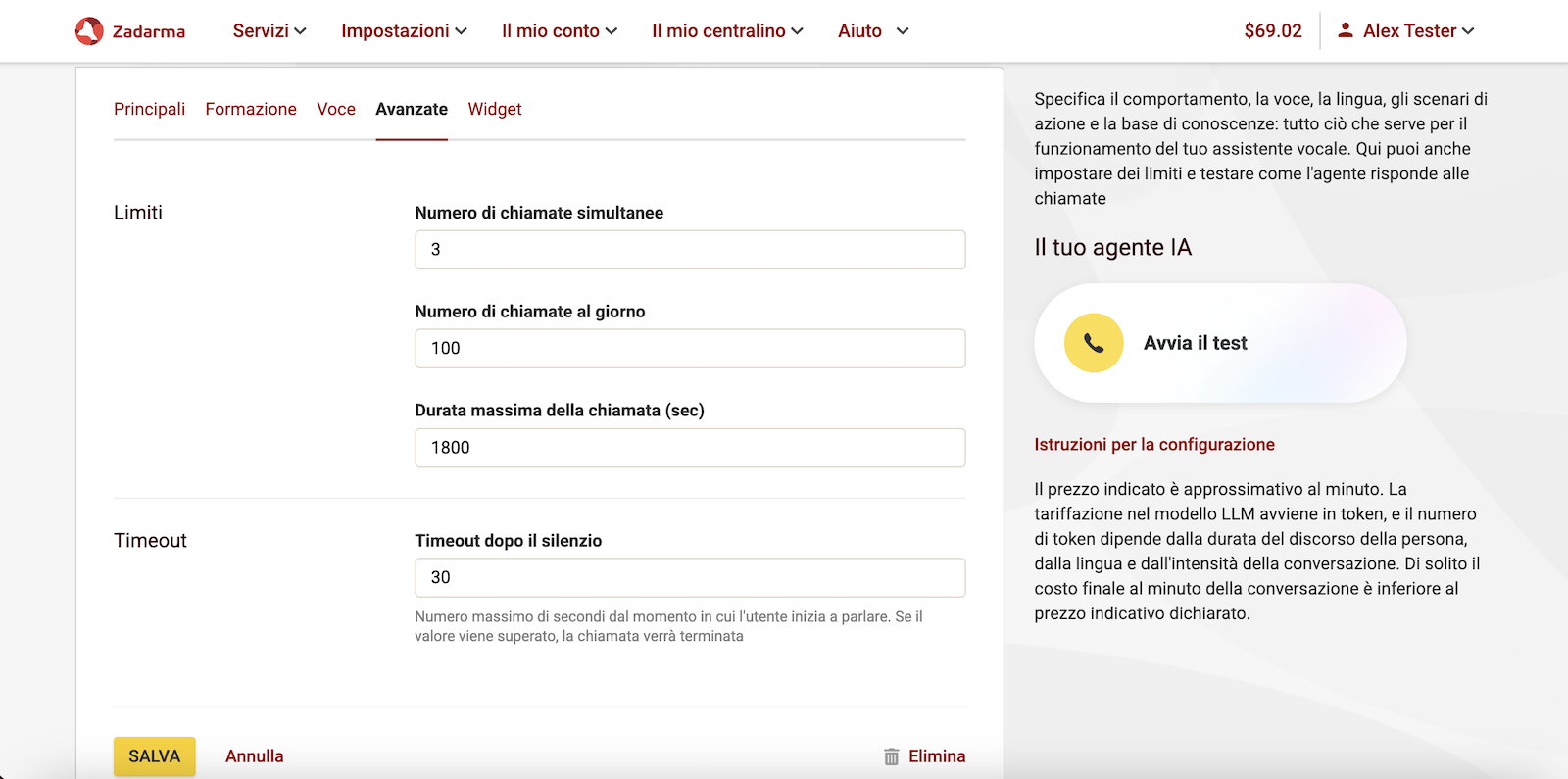 Impostazioni avanzate dell'agente vocale