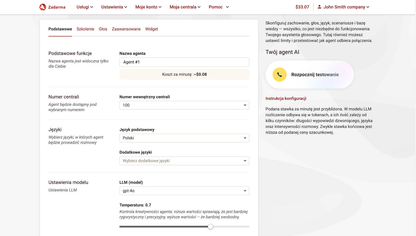 Podstawowe ustawienia agenta AI
