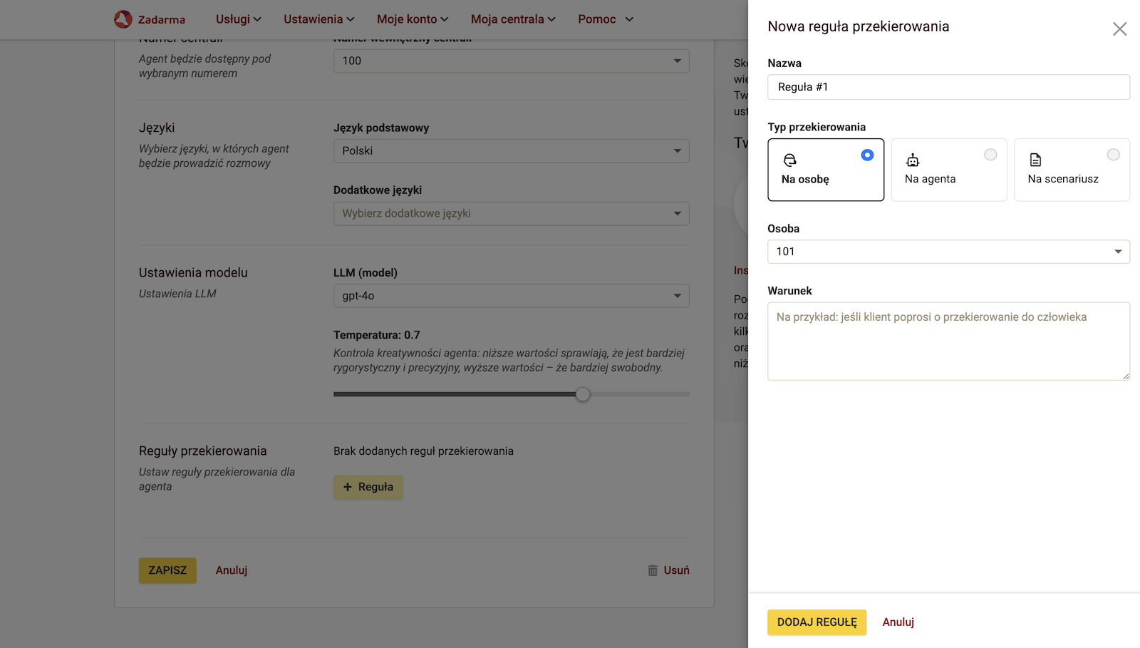 Reguła przekierowania połączeń