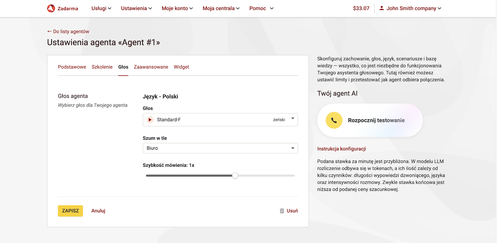 Wybór głosu i tła dla agenta AI