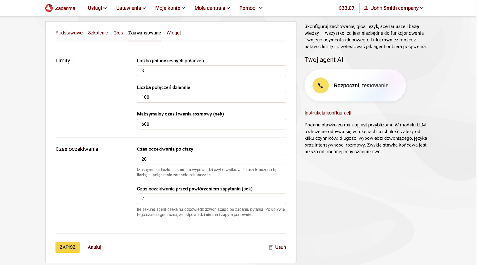 Zaawansowane ustawienia głosowego agenta