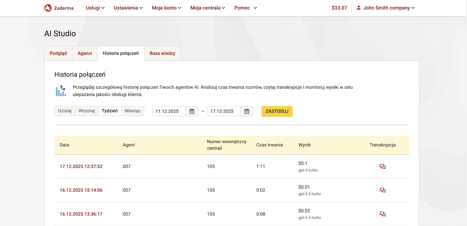 Historia połączeń