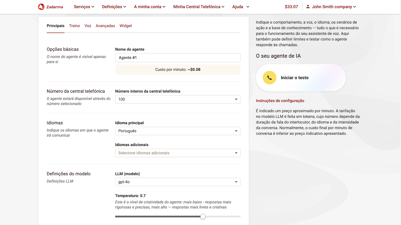 Definições principais do agente de IA