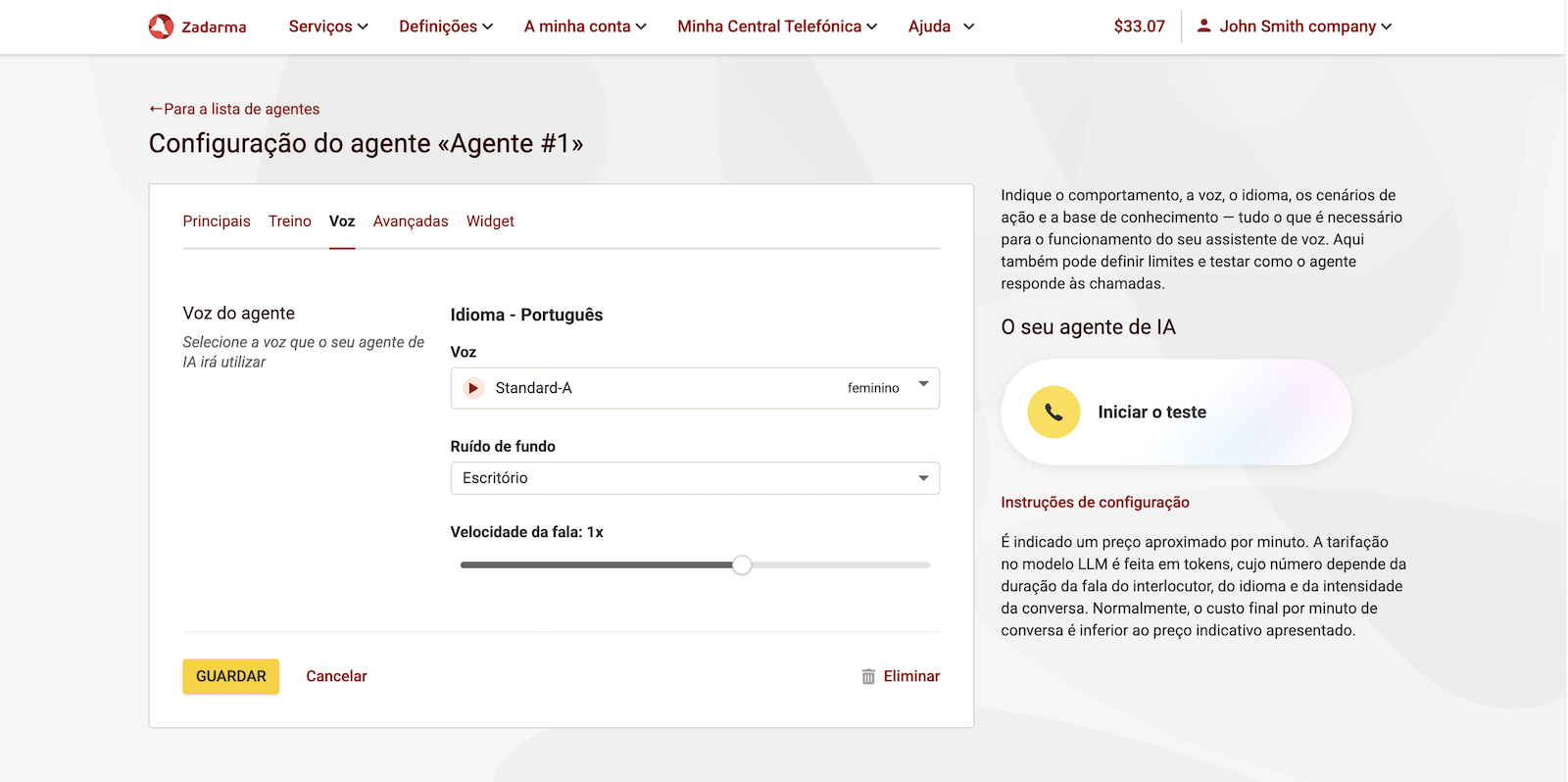 Selecionar voz e fundo para o agente de IA