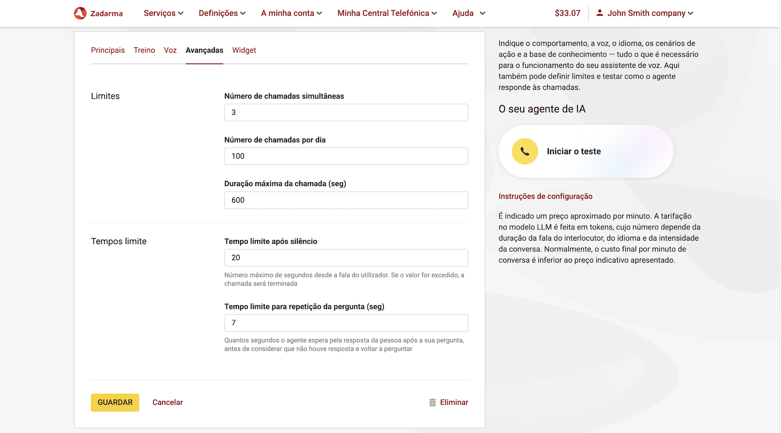 Definições avançadas do agente de voz