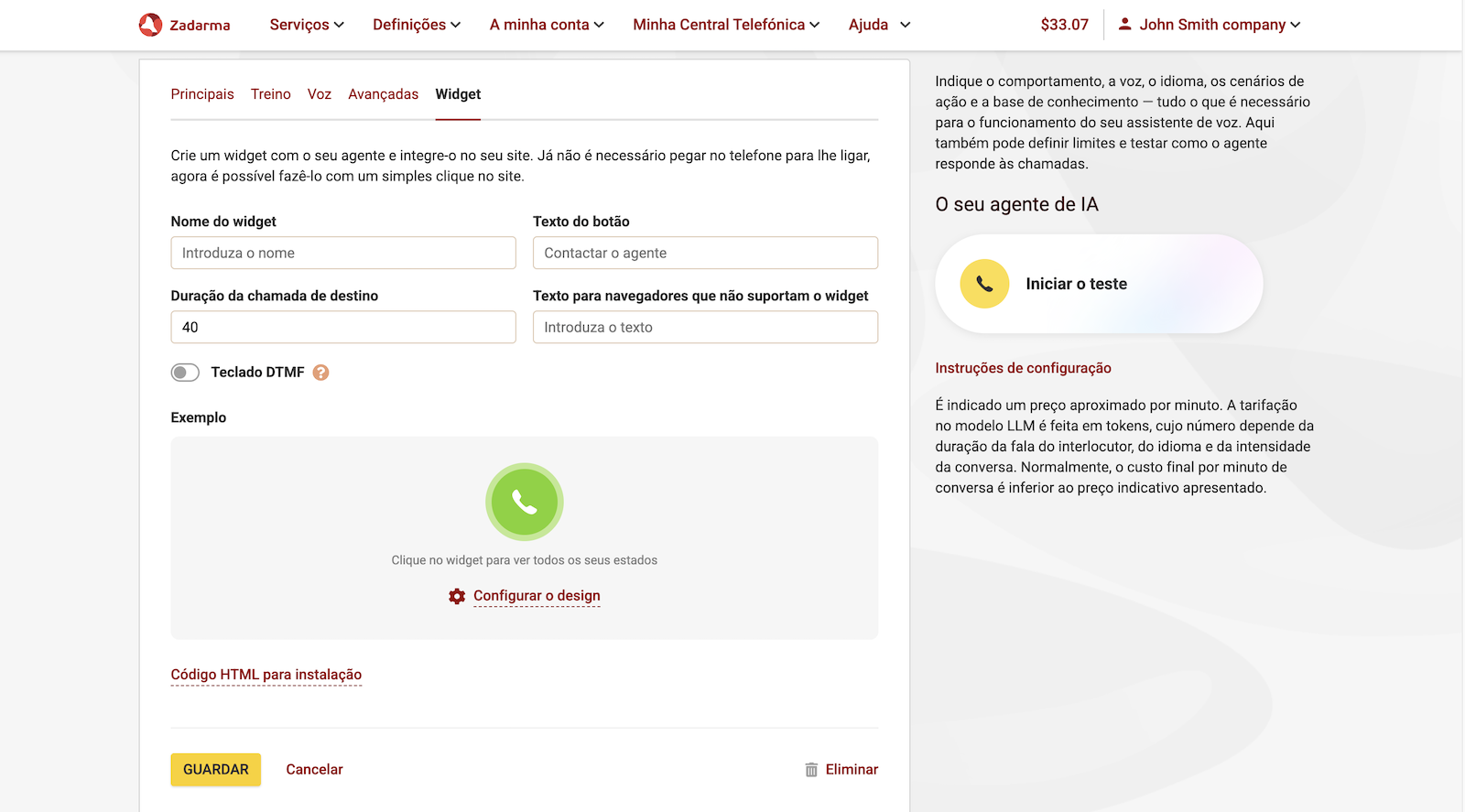 Widget para chamadas a partir do site