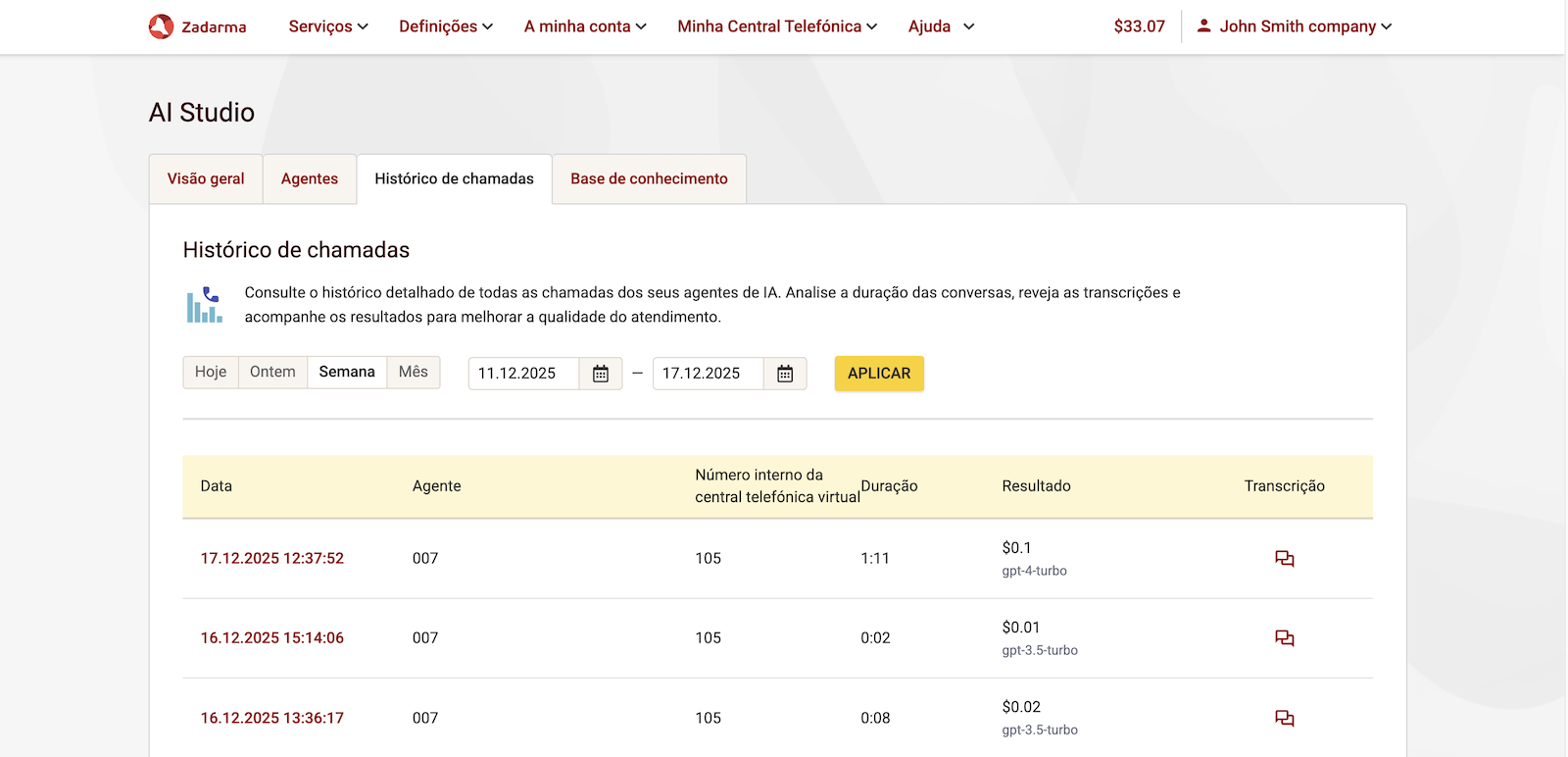 Histórico de chamadas